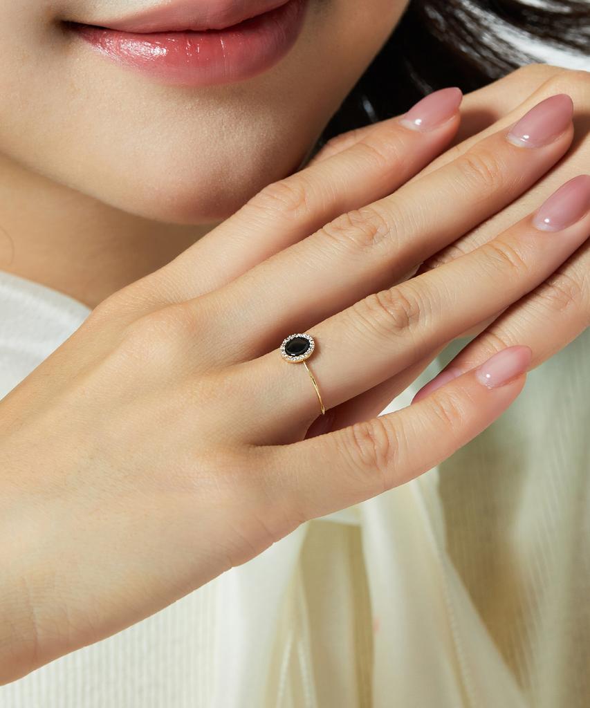 Helene Jewelry 14K Black Onyx Circle Miss Ring Gold Thread Ring (Type A)