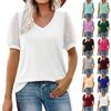 Women Casual Loose Shirts V Neck Short Sleeve Puff Sleeve Tops T-shirts Tee