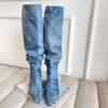 Европейский и американский стиль остроносые высокие голенища плиссированные присборенные сапоги женские осенние на тонком каблуке джинсовые сапоги до колена на высоком каблуке