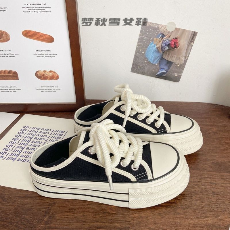 Холщовые туфли на толстой подошве, которые можно носить двумя способами, для женского летнего тонкого нишевого мира по-прежнему универсальны, ретро ленивые люди педалируют модные маленькие белые туфли