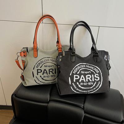 Большая сумка-тоут из ретро-холща - регулируемый плечевой ремень с принтом винтажных парижских штампов - стильная сумка через плечо для женщин