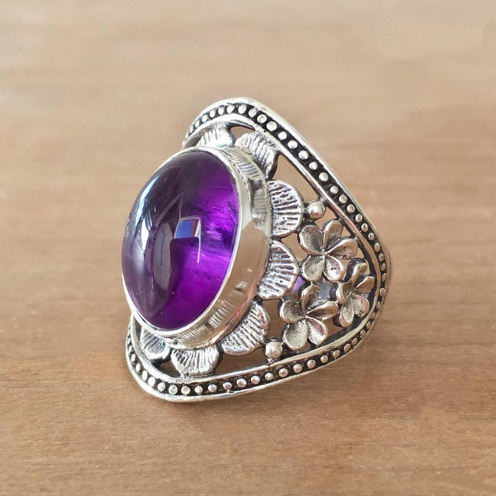 Amethyst and Silver Inlaid Nepalese Vintage Unisex Ring