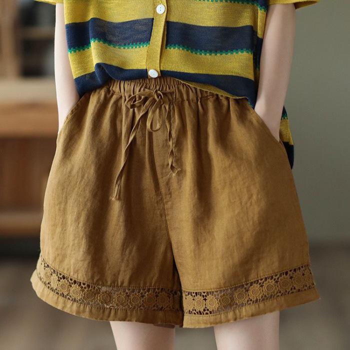 Повседневные однотонные льняные хлопковые кружевные цветочные летние шорты свободные эластичные талии бохо пляжная одежда шорты для женщин низ