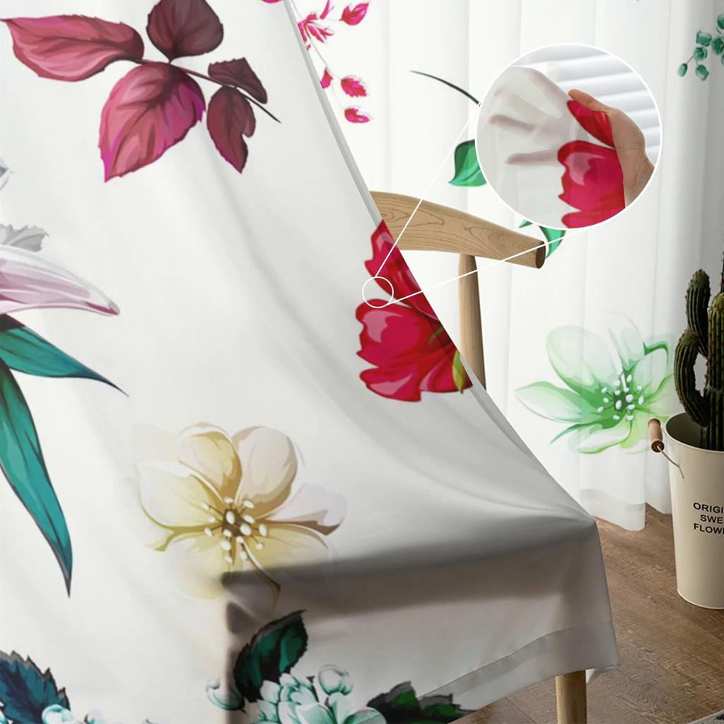 Flower Leaves Watercolor Tulle Curtains for Bedroom Hall Living Room Decor Chiffon Curtain for Balcony Kitchen Home Drapes