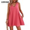 Летнее женское платье, повседневный жилет без рукавов с v-образным вырезом, свободные платья