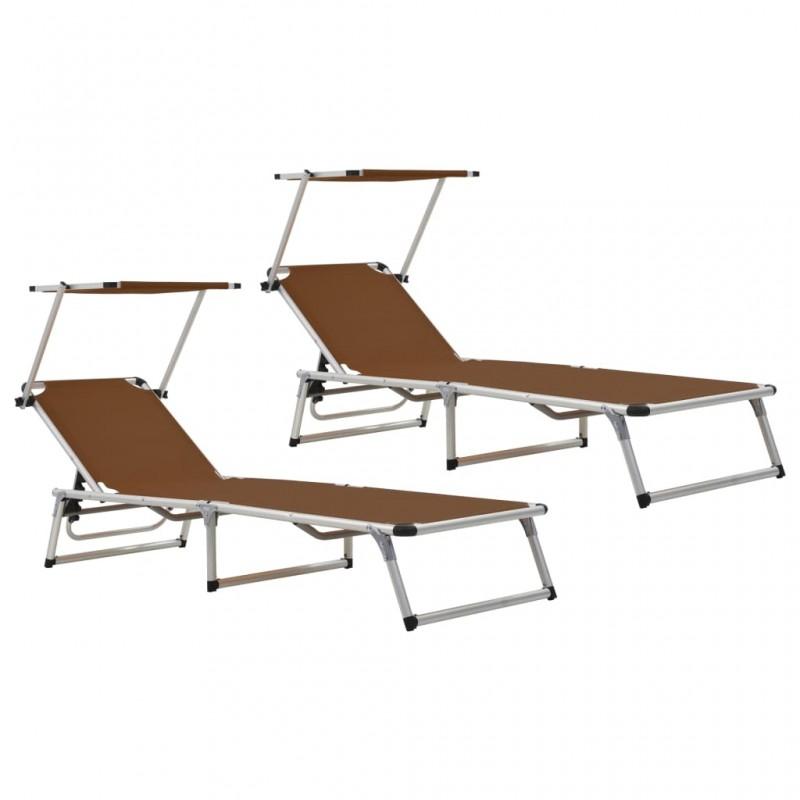 Day and Night - Day and Night Folding Sun Loungers with Roof 2 Units Aluminum and Brown Textilene