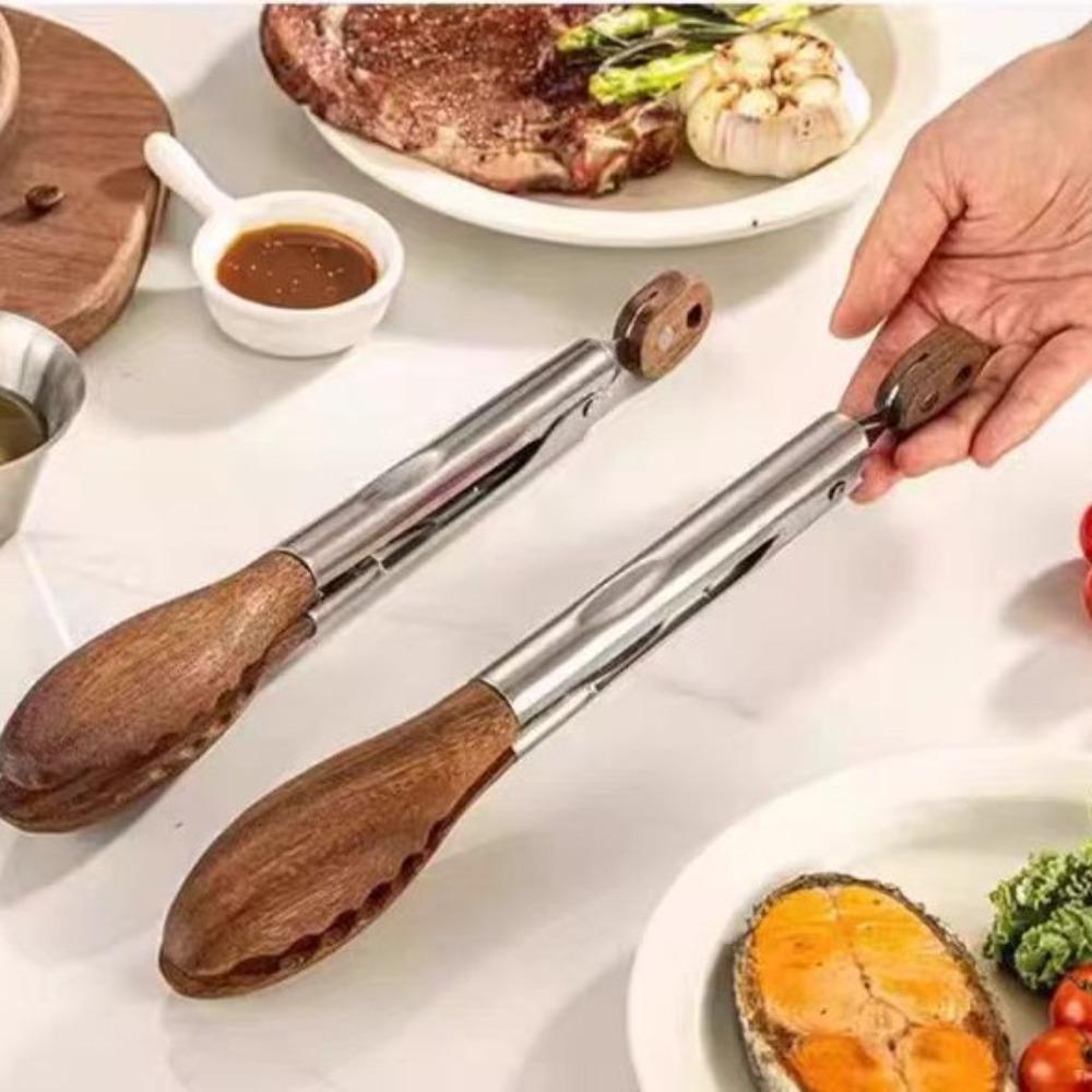 Wood Head Salad Bread Dessert Tong Non-slip Food Clamp Durable BBQ Grilling Tong  Cooking