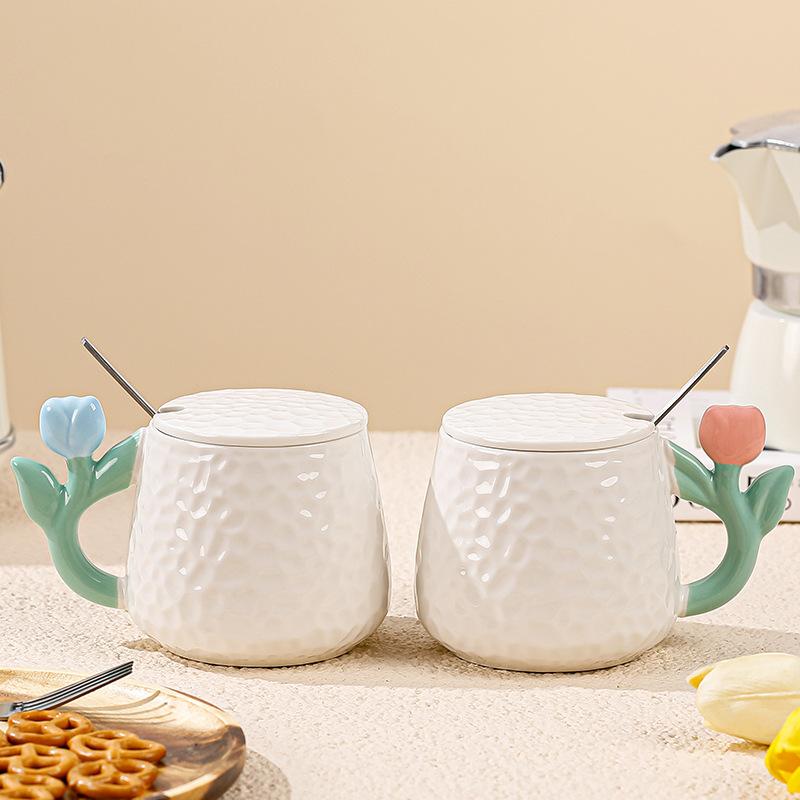 Electroplating Small Flower Handle Mug with Lid Large Capacity Ceramic Cup Household Set Opening Gift Water Cup Student