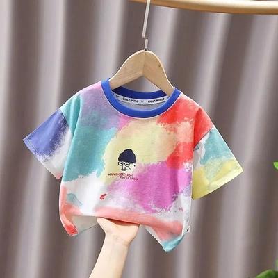 Летний новый цветной принт Tie Dye для девочек, индивидуальный повседневный модный универсальный топ с круглым вырезом для малышей