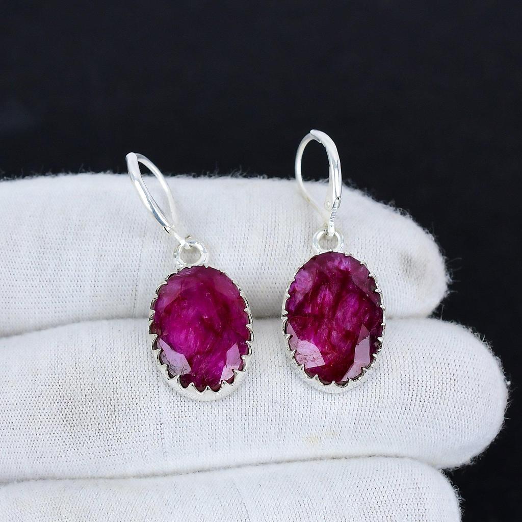 Kashmir Ruby Gemstone 925 Sterling Silver Earring, Boho Silver Jewelry Dangle Earrings, Gifts For Wadding Gifts For Her