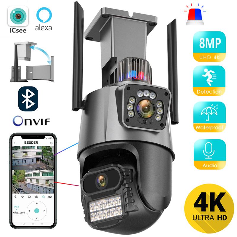 6MP 4K Wi-Fi камера видеонаблюдения, PTZ камера с двойным объективом, уличная водонепроницаемая IP-камера с полицейской световой сигнализацией
