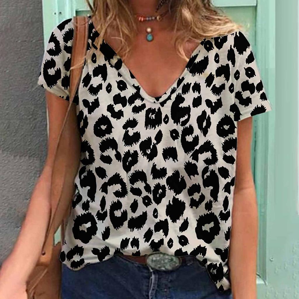 Summer Leopard 3D Print T-shirt Women Casual Fashion Streetwear Short Sleeve V-Neck T Shirt Harajuku Tees Tops Oversize Clothing