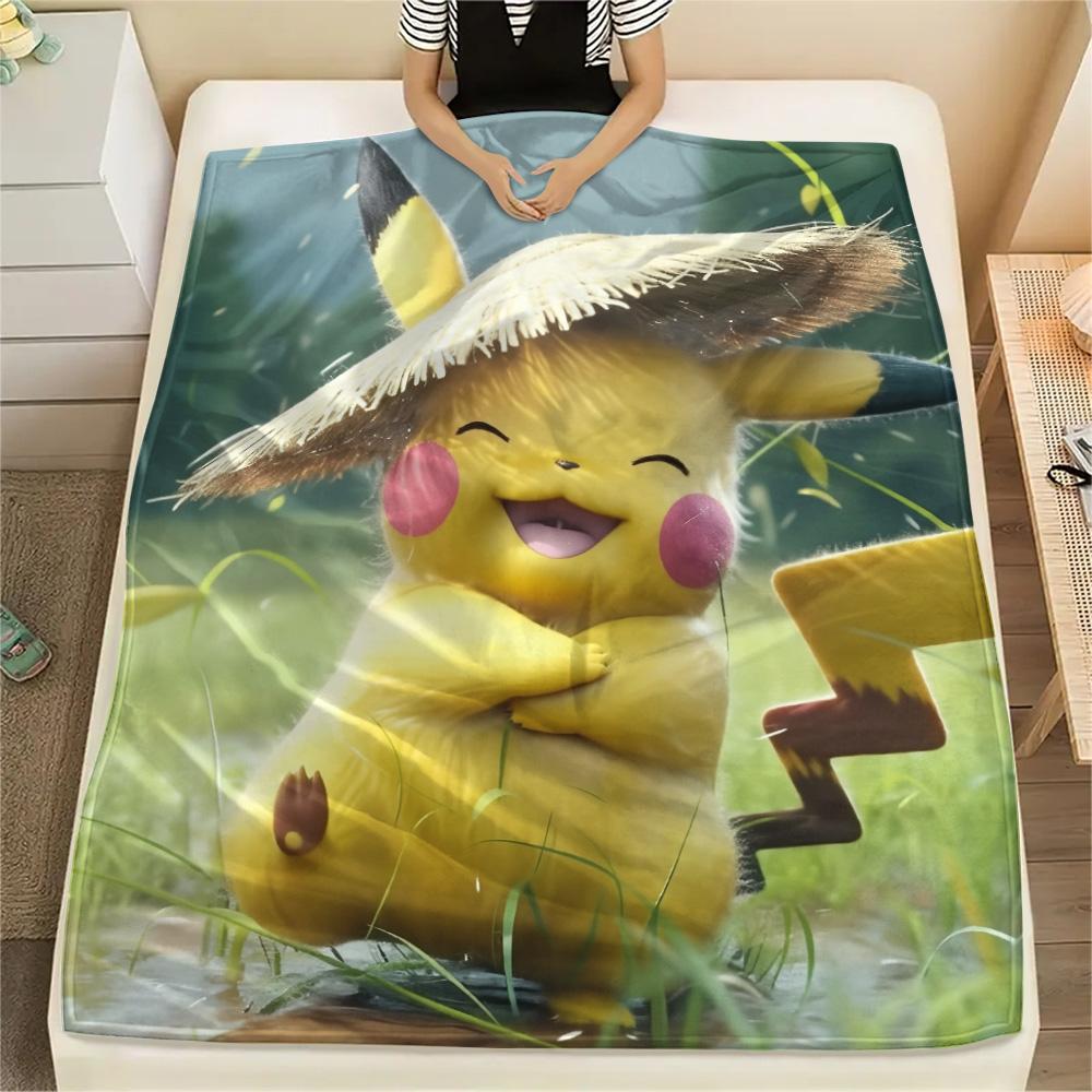 Cute Pikachu Print Flannel Blanket, High quality Comfortable for All Seasons, Home Decor, Warmth and Comfort
