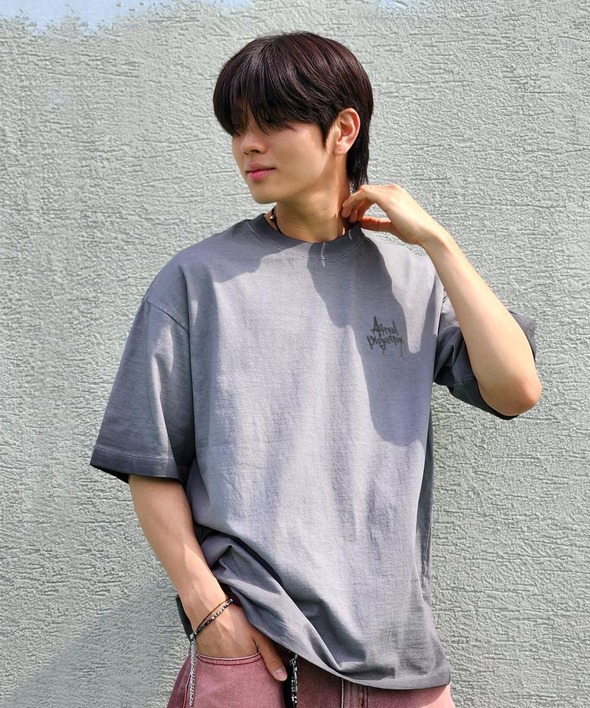 ASTRAL PROJECTION Pen Graffiti Lettering Pigment Loose Fit Short Sleeve T-Shirt_Gray