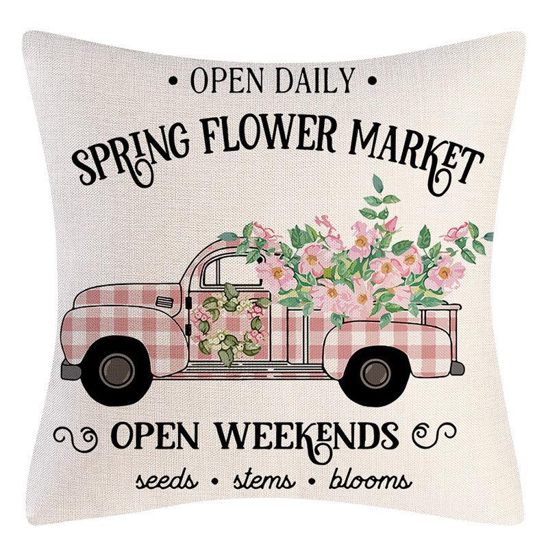 Seasons Throw Pillow Cover Spring Linen Flowers Truck Cushion Office Throw Pillow Cushion Throw Pillow Cushion