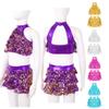 Kids Girls Sleeveless Cutout Backless Sequins Jazz Latin Dance Dress Halter Tank Crop Top with Skirt Dance Outfit
