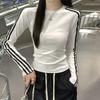 Топ с рукавами с открытыми плечами для осени и зимы, облегающая футболка с длинным рукавом для женщин в полоску