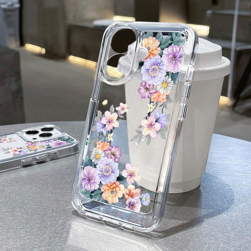 Для iPhone 16 Pro 15 Plus 14 Pro Max 13 12 11 XR XS 8 7 Чехол с цветочным принтом Прозрачный противоударный мягкий силиконовый защитный прозрачный чехол для телефона