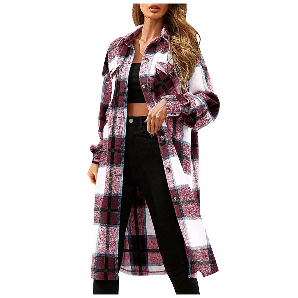 Fashion Women's Casual Loose Grinding Wool Plush Plaid Long-sleeved Jacket Overcoat
