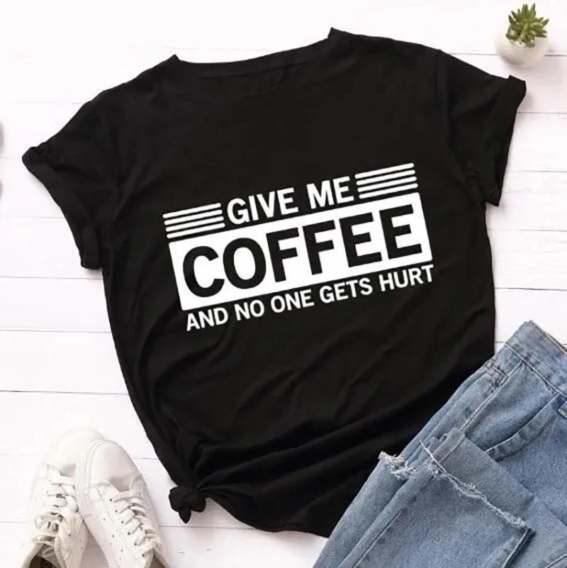 Women Fashion Short Sleeve Tee Shirt Lady Casual Loose Newest Round Neck T-shirt Top Plus Size Funny 'Give Me Coffee Print T Shirt