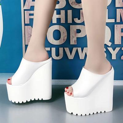 16СМ Женские сандалии на платформе с открытым носком, на танкетке, мюли, летние сексуальные сандалии для женщины, очень высокие черные кожаные шлепанцы