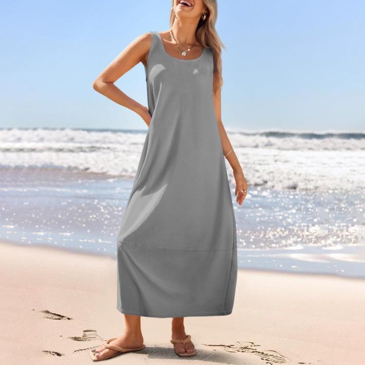 Summer Women's Casual Loose Sleeveless Round Neck Sundress Long Beach Dress