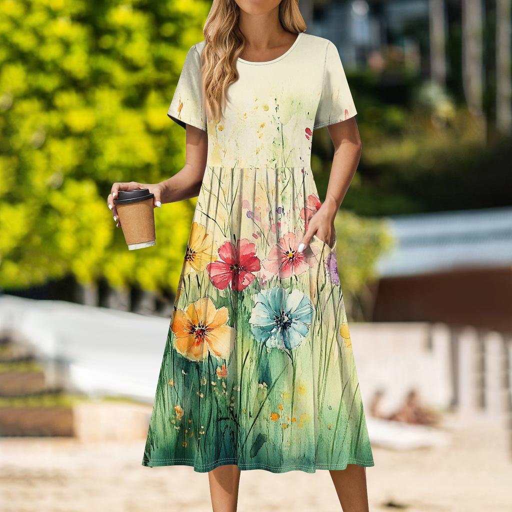 Women's Casual Cute Pattern Print Round Neck Midi Dress Basic Classic Outdoor Everyday Short Sleeve Loose Dress