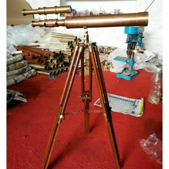 Antique Brass Telescope 18" With Wooden Tripod Stand Nautical Floor Standing