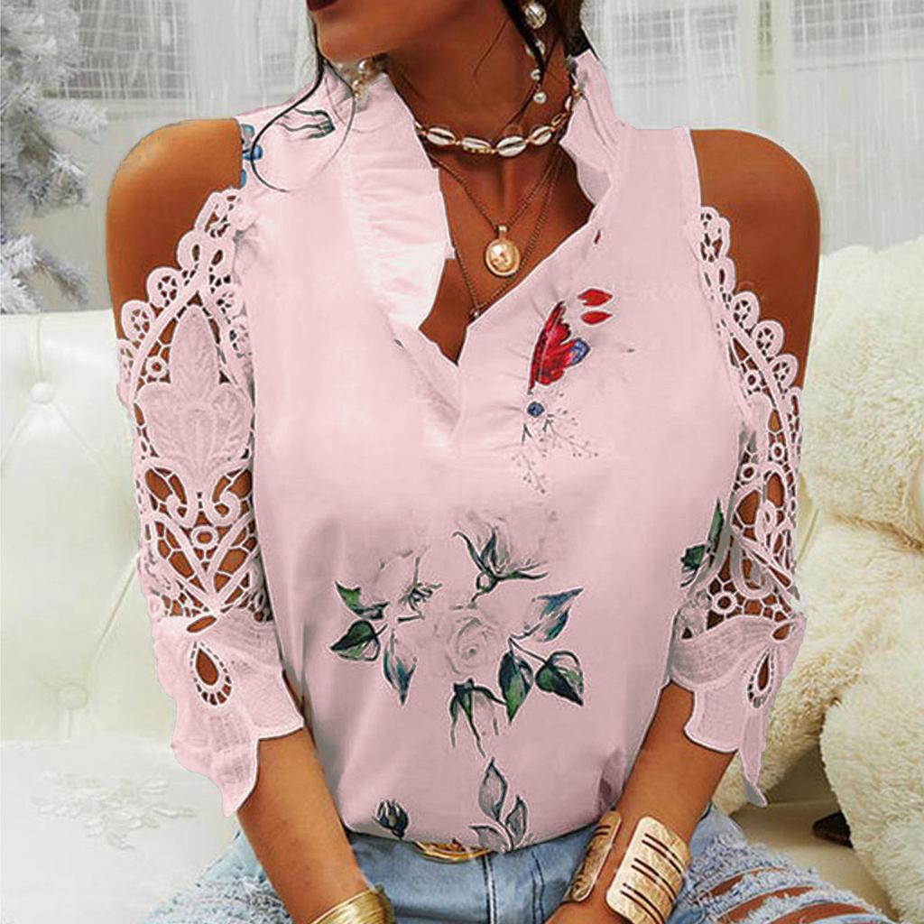 QICED Summer Women's Top Floral Print Off-the-shoulder Lace Patchwork Long-sleeved T-shirt for Women