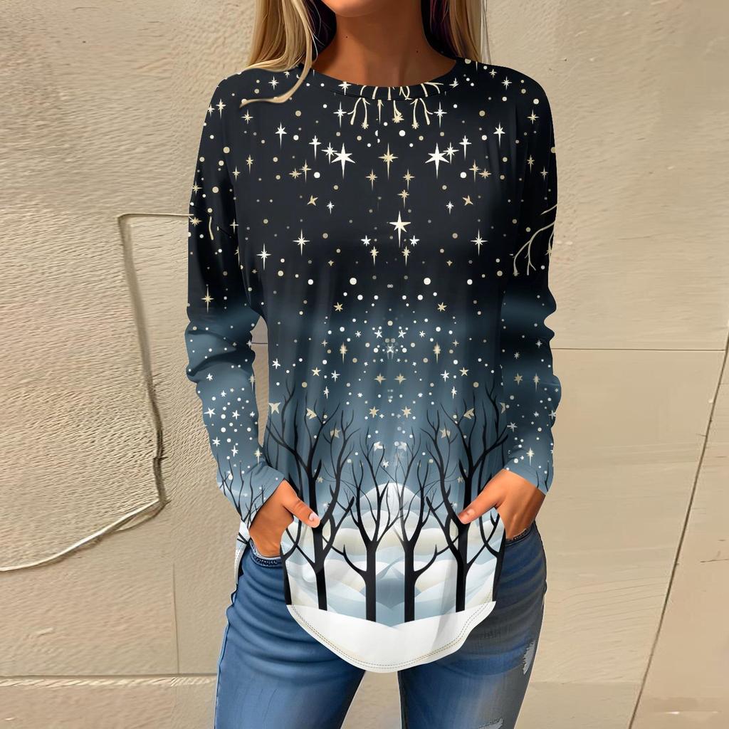 Tee Shirts For Women Fall Casual Long Sleeve Shirts Sweatshirt Vintage Graphic Printing Top Pullover Christmas