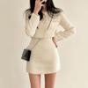 Women Tweed Two Piece Sets Long Sleeve Pearl Buttons Short Jacket A Line Mini Skirt Set Fall Winter Outfits