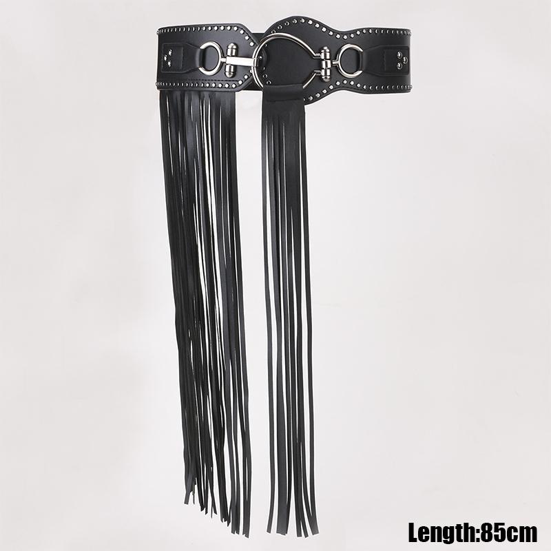 American Punk Style Tassel Leather Belt Metal Rivet Decoration Wide Waist Belt