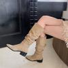 Модная весенне-осенняя обувь с высоким голенищем до колена, женская обувь на среднем каблуке с квадратным носком, длинные сапоги для женщин, тренд косплея 2025, элегантная обувь гяру
