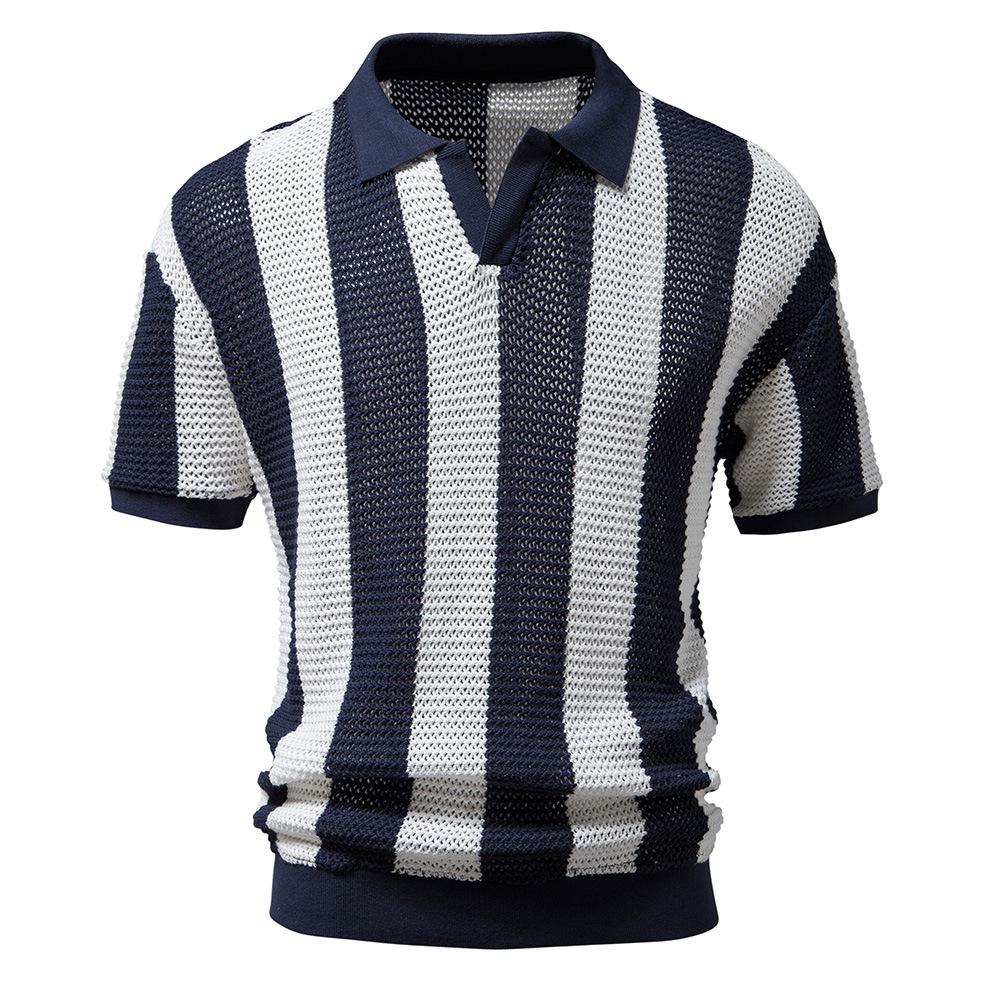 European and American Style Men's Summer Hollow Mesh Polo Shirt Fashion Striped Short Sleeves Net T-Shirt