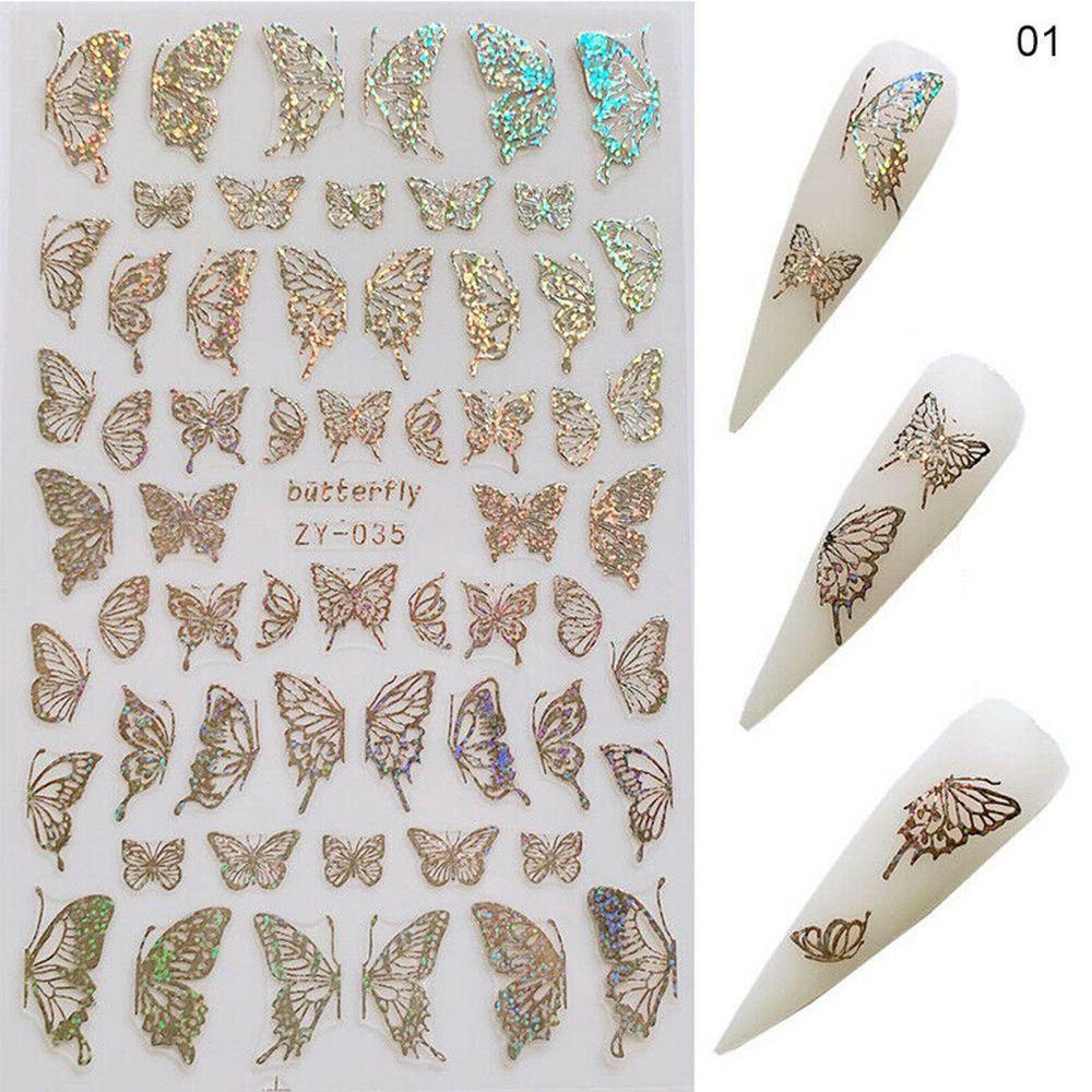 Hot Nail Decals Gold Silver DIY Nail Stickers 3D Butterfly Adhesive Holographic