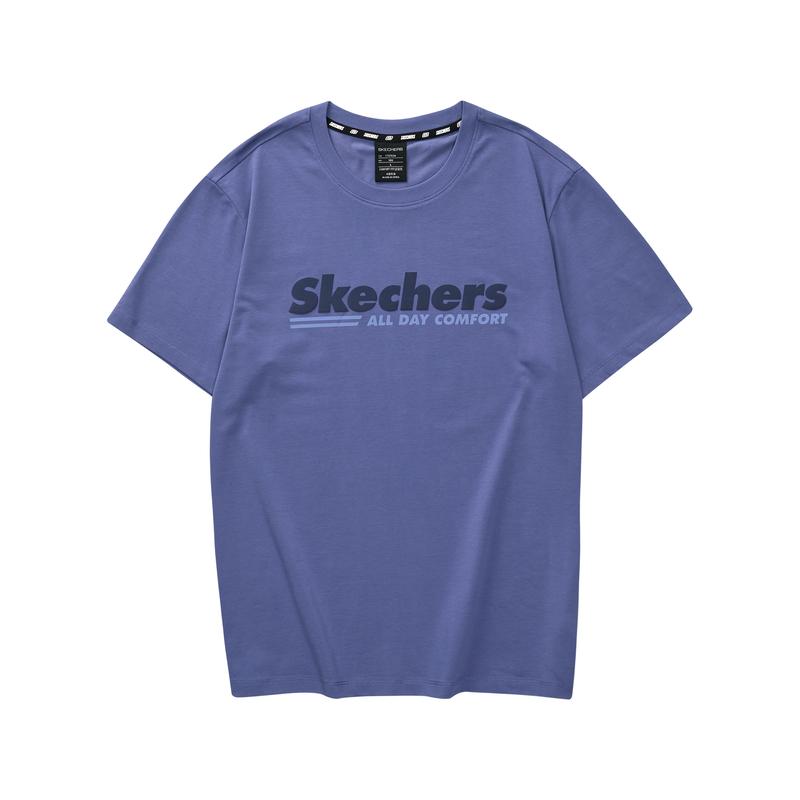 Skechers Мужская вязаная футболка с круглым вырезом, свободная, дышащая, короткий рукав, спущенное плечо, с буквой, спортивная, цвет Gunfish-Blue, L223M122-030T
