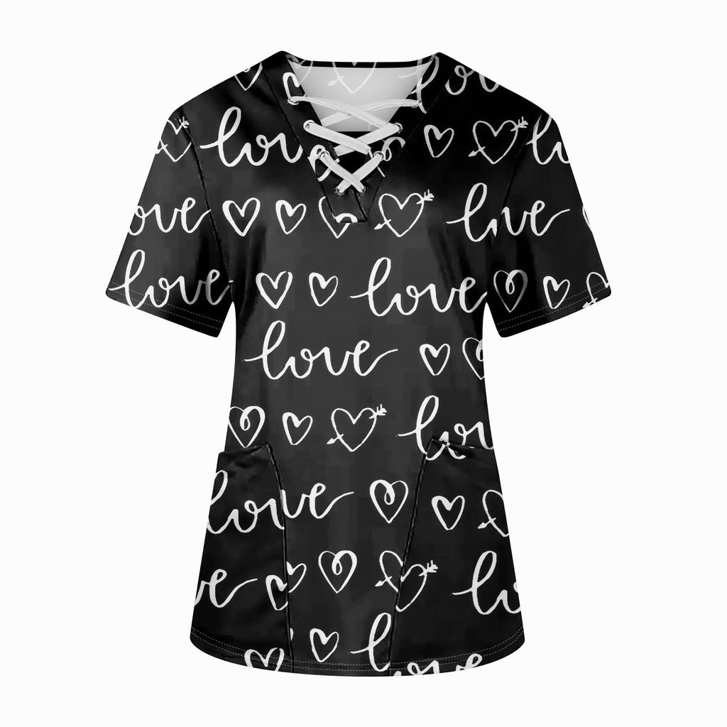 Плюс размерСкраб с принтом Рабочая форма Топы для женщин Крест V-образным вырезом Хэллоуин Принт с короткими рукавами Забавные футболки Спецодежда Футболка с карманами