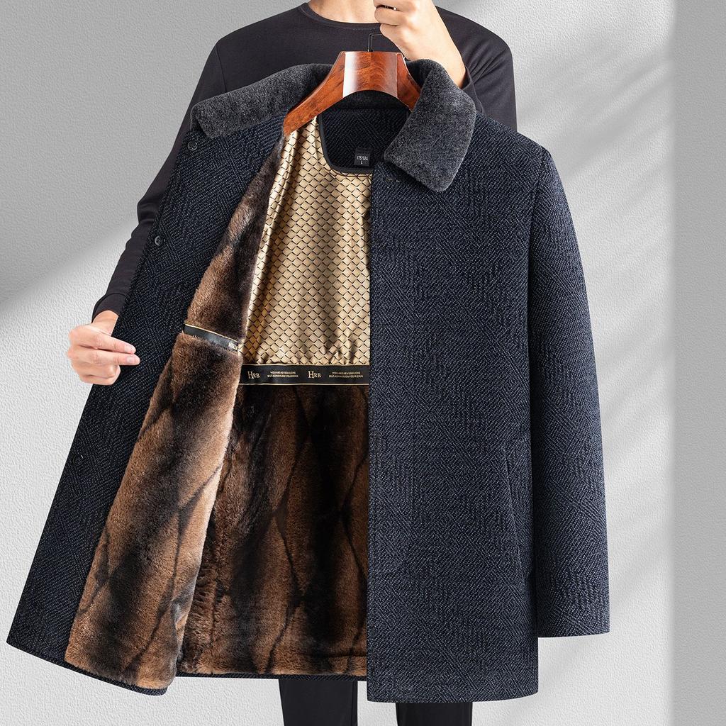 Шерстяное шерстяное пальто мужское бархатное утолщенное зимнее пальто для папы среднего и пожилого возраста ветровка для дедушки теплое пальто