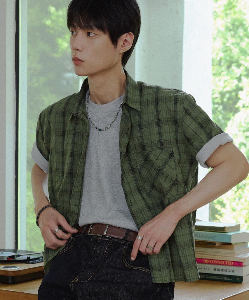 NODU Seersucker Check Crop Half Shirt [Green]