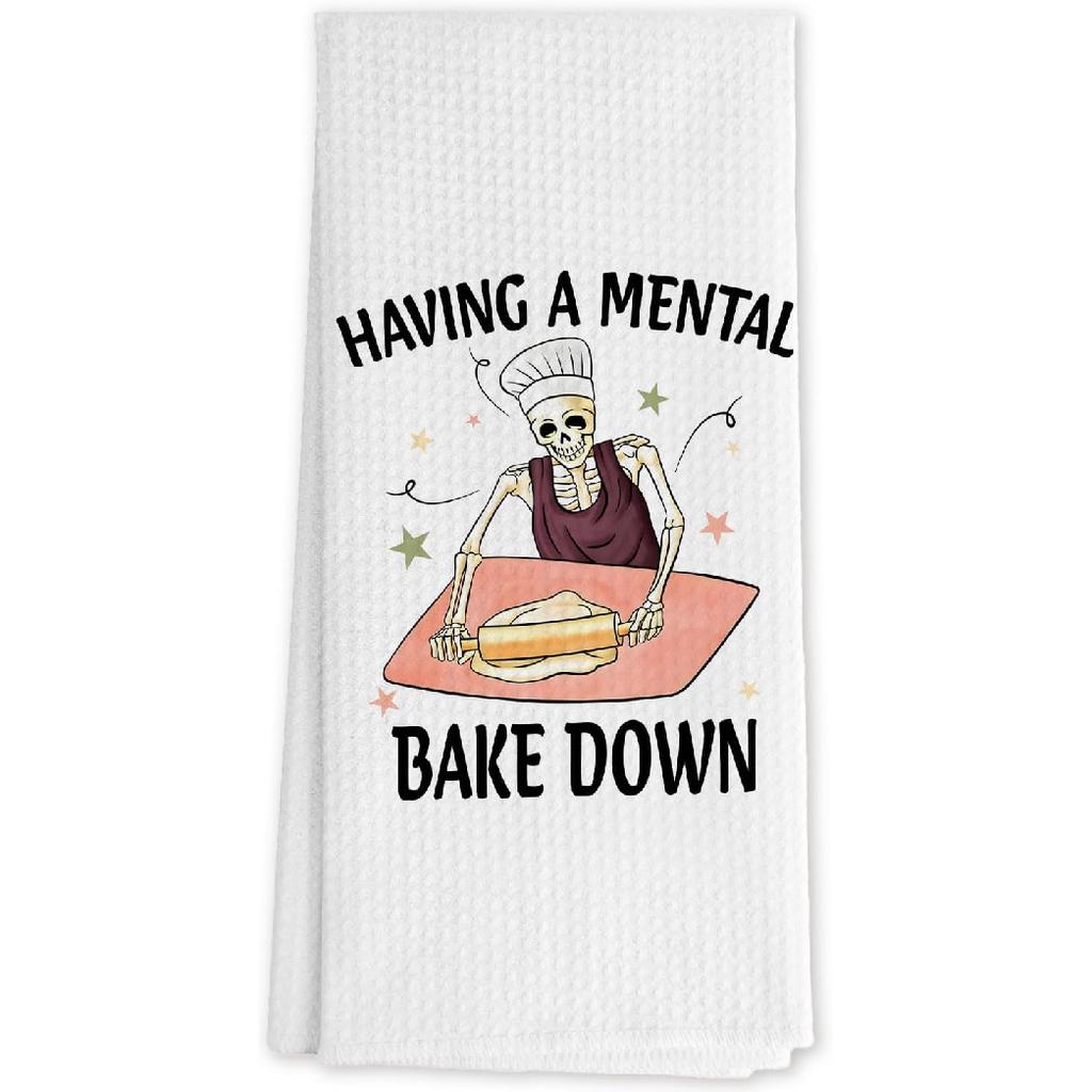 Funny Gothic Skeleton Baker Kitchen Towels, Gifts for Baking Lovers Women Dish Hand Towels for Kitchen, Having a Mental Bake Down Decorative Tea