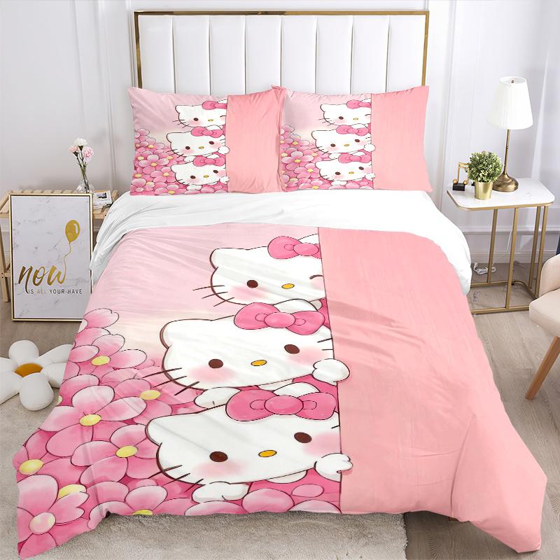 3 шт. Трехцветный розовый комплект постельного белья с принтом Hello Kitty, Мягкое и удобное покрывало-пододеяльник для спальни, гостевой комнаты (Не включено).W104