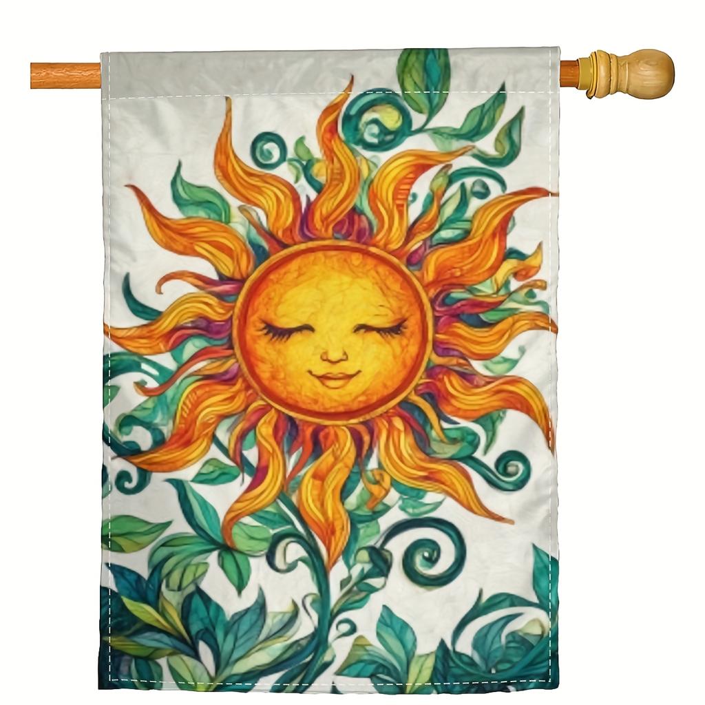 2D Flat - 2D Printing, 1pc Vibrant Sun Design Garden Flag Double-Sided Polyester, Weather-Resistant Outdoor Decor with Floral Elements, No Electricit