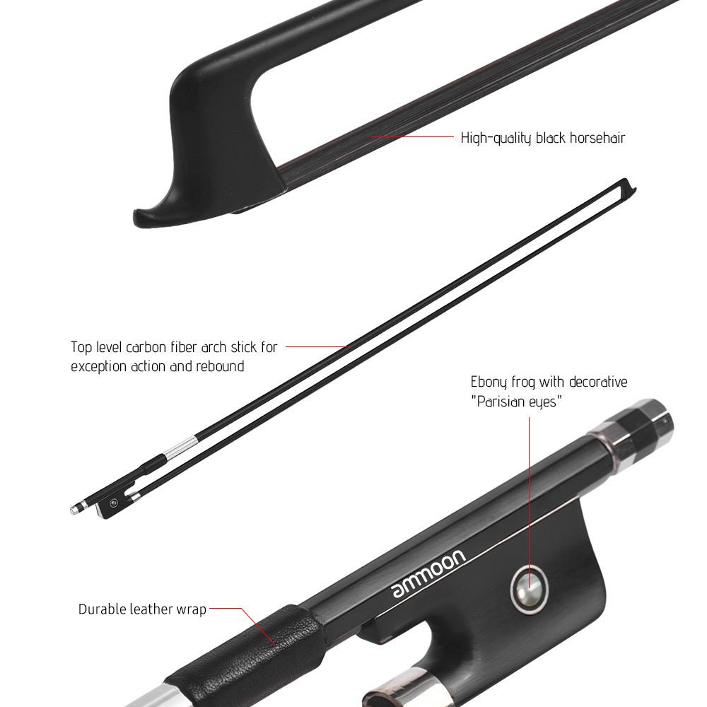 Ammoon Смычок для скрипки 4/4, круглая палочка из углеродного волокна, смычок из черного дерева, лягушка, черный конский волос, хорошо сбалансированный