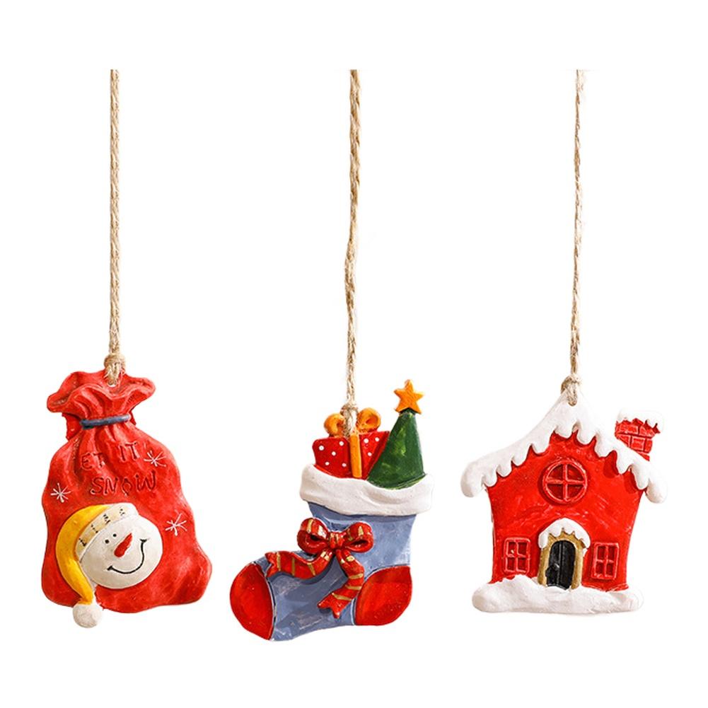 3 Piece Resin Christmas Tree Ornaments Set Hand Painted Snowman House Stocking Pendant Decorations for Holiday Party