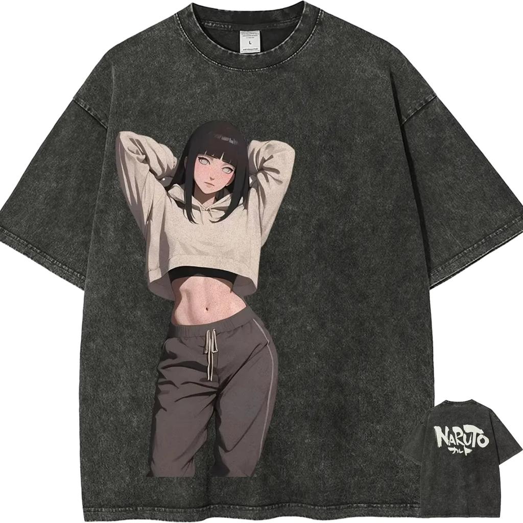 Summer Naruto Hinata Hyuga T Shirt Waifu Vintage Acid Wash Streetwear Retro Anime Graphic Cotton Men Tees Top Clothing