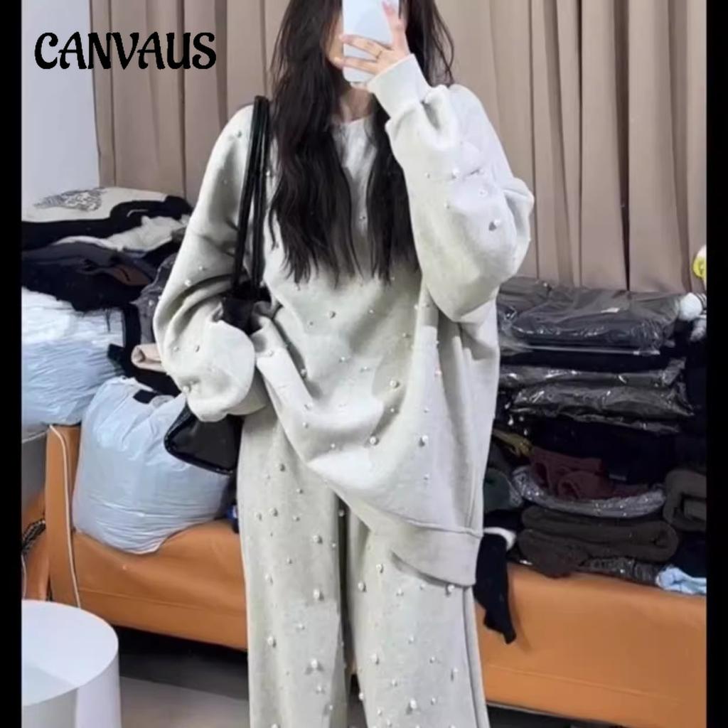 Плюс размер Весна и Осень Бисерный Длинный Рукав Толстовка Эластичный Высокая Талия Прямые Брюки Костюм