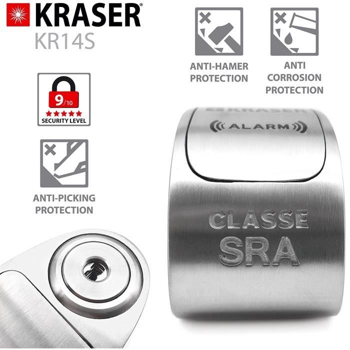 KRASER KR14S Bloque Disque Antivol De Moto Alarme ON / OFF Homologué SRA Haute Sécurité Protection Serrure À Disques, Bloque Disque