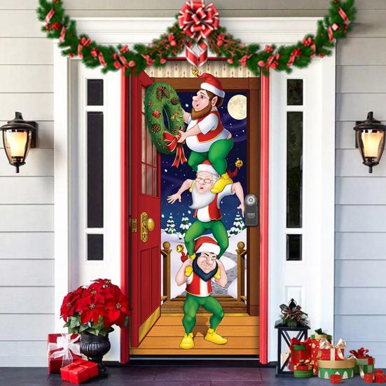 Christmas Door Cover Colorful Print Christmas Door Decoration Backdrop Front Door Decor Holiday Festive Xmas Party Supplies