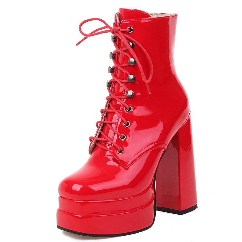 Spring Boot Ladies Sexy Punk High Heels Platform Ankle Boots For Women Leather Lace Up Red White Fetish Shoes Female Large Size