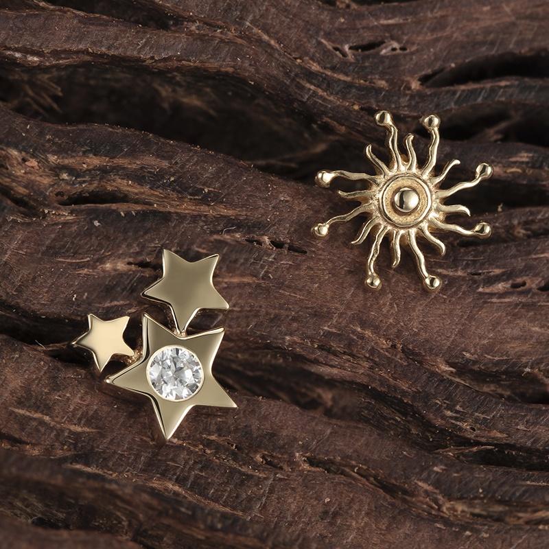 Giometal 14K Цельное Золото Украшения для Пирсинга Тела с Камнями Солнце Резьбовой Пирсинг Верхний Конец Цветок Раковина Хеликс Козелок Дайт Тонкие Украшения для Пирсинга